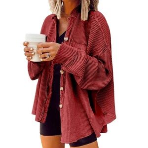 Free People Ribbed Button-Front Jacket in Brick Red